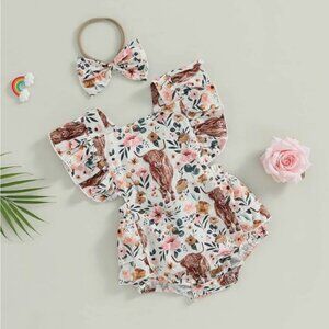 Boutique | Cream and Brown Highland Cow Ruffle Butt Romper | Size 100
